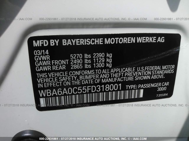 WBA6A0C55FD318001 - 2015 BMW 640 I/GRAN COUPE WHITE photo 9