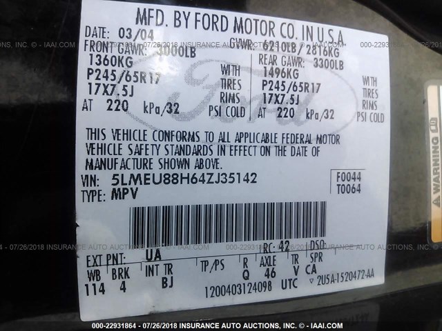 5LMEU88H64ZJ35142 - 2004 LINCOLN AVIATOR 黑色 照片 9