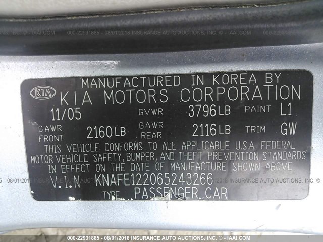 KNAFE122065243266 - 2006 KIA NEW SPECTRA LX/EX BLUE photo 9