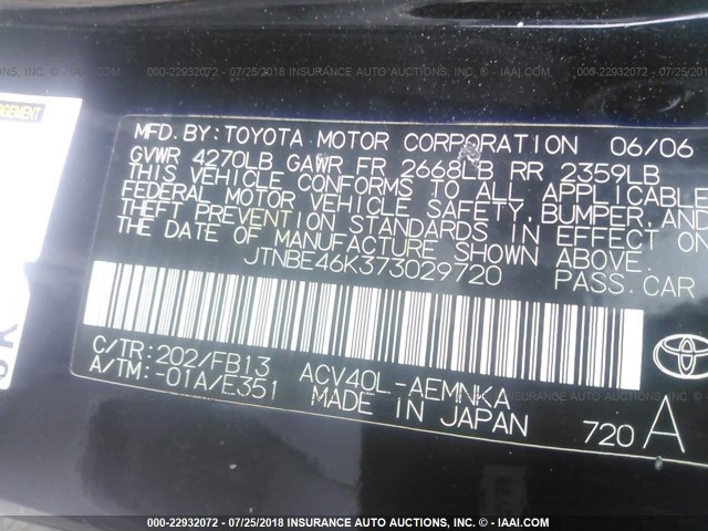 JTNBE46K373029720 - 2007 TOYOTA CAMRY NEW GENERAT CE/LE/XLE/SE BLACK photo 9