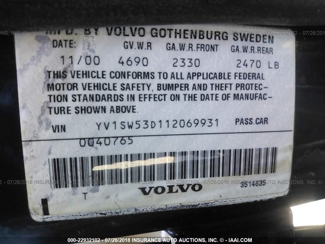 YV1SW53D112069931 - 2001 VOLVO V70 T5 TURBO BLUE photo 9