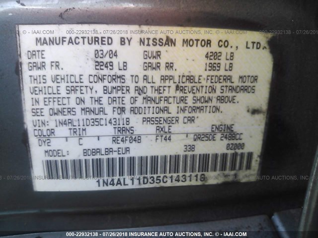 1N4AL11D35C143118 - 2005 NISSAN ALTIMA S/SL GREEN photo 9