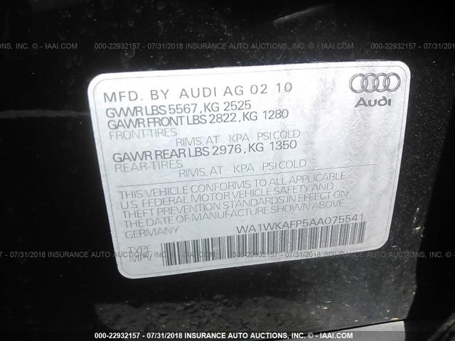 WA1WKAFP5AA075541 - 2010 AUDI Q5 PRESTIGE BLACK photo 9