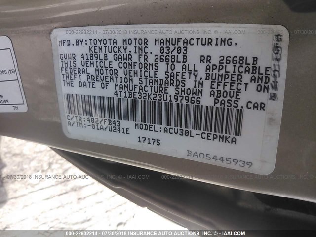 4T1BE32K23U197966 - 2003 TOYOTA CAMRY LE/XLE/SE 金色 照片 9