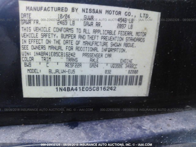 1N4BA41E05C816242 - 2005 NISSAN MAXIMA SE/SL BLUE photo 9