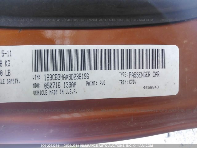 1B3CB3HAXBD238196 - 2011 DODGE CALIBER MAINSTREET ORANGE photo 9