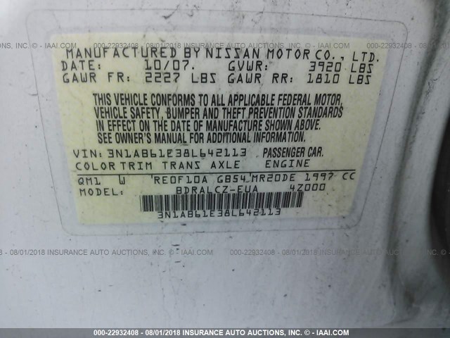 3N1AB61E38L642113 - 2008 NISSAN SENTRA 2.0/2.0S/2.0SL WHITE photo 9