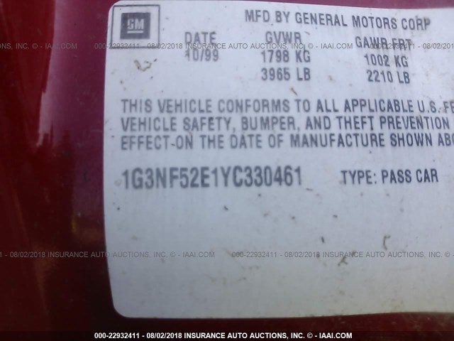 1G3NF52E1YC330461 - 2000 OLDSMOBILE ALERO GLS 红色 照片 9