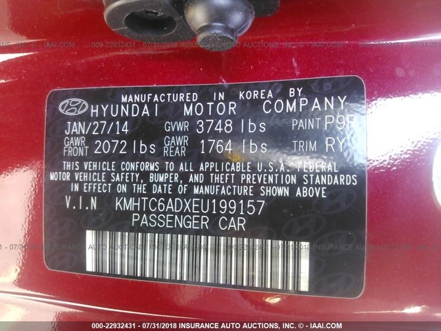 KMHTC6ADXEU199157 - 2014 HYUNDAI VELOSTER RED photo 9