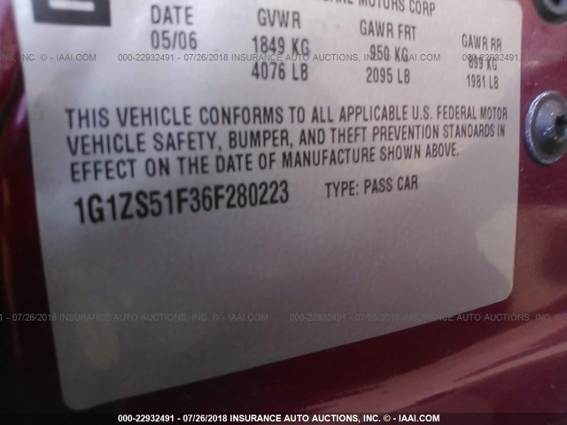 1G1ZS51F36F280223 - 2006 CHEVROLET MALIBU LS წითელი ფოტო 9