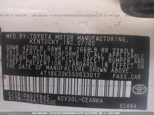 4T1BE32K55U633017 - 2005 TOYOTA CAMRY LE/XLE/SE Ağ foto 9