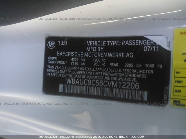 WBAUC9C56CVM12206 - 2012 BMW 135 I WHITE photo 9