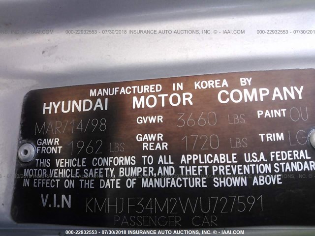 KMHJF34M2WU727591 - 1998 HYUNDAI ELANTRA GLS SILVER photo 9