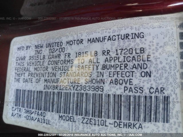 1NXBR12EXYZ383989 - 2000 TOYOTA COROLLA VE/CE/LE 栗色 照片 9