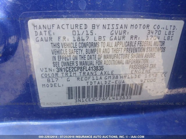 3N1CE2CP8FL413835 - 2015 NISSAN VERSA NOTE S/S PLUS/SV/SL/SR BLUE photo 9