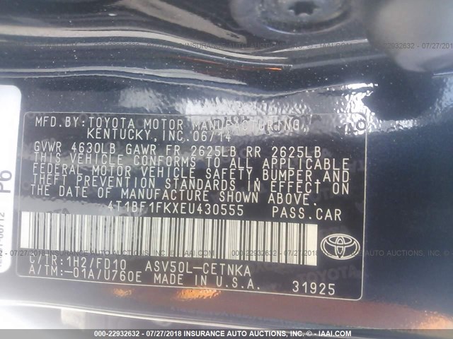 4T1BF1FKXEU430555 - 2014 TOYOTA CAMRY L/SE/LE/XLE 蓝色 照片 9