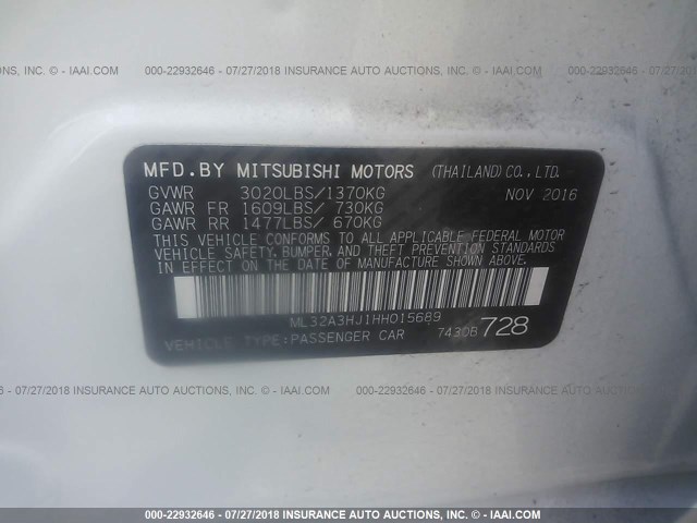 ML32A3HJ1HH015689 - 2017 MITSUBISHI MIRAGE ES WHITE photo 9