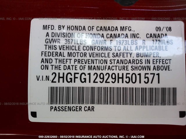 2HGFG12929H501571 - 2009 HONDA CIVIC EXL 红色 照片 9