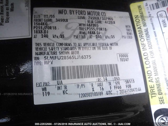 5LMFU28565LJ16375 - 2005 LINCOLN NAVIGATOR BLACK photo 9