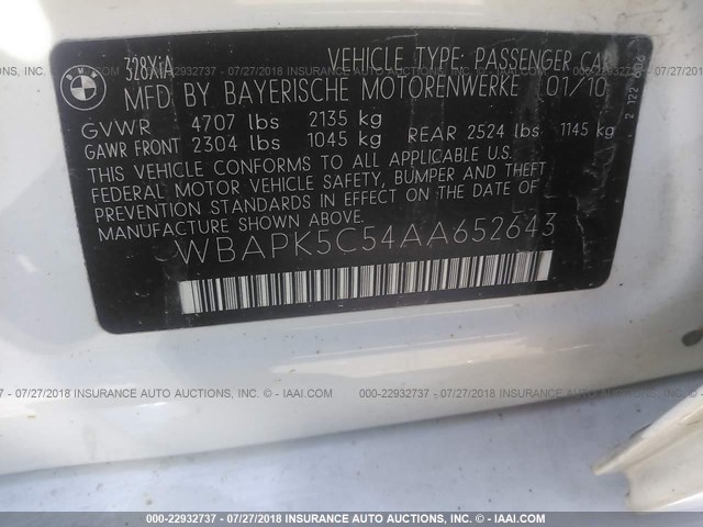 WBAPK5C54AA652643 - 2010 BMW 328 XI SULEV WHITE photo 9