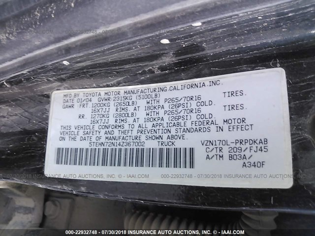 5TEHN72N14Z367002 - 2004 TOYOTA TACOMA DOUBLE CAB შავი ფოტო 9