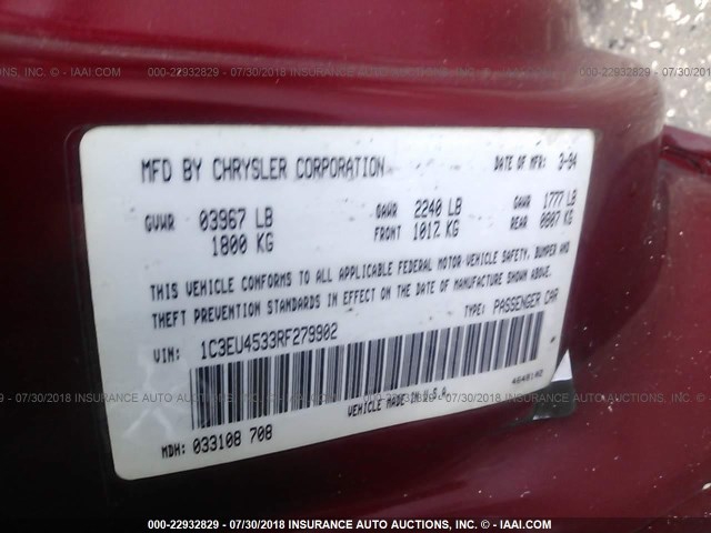 1C3EU4533RF279902 - 1994 CHRYSLER LEBARON GTC/LX RED photo 9