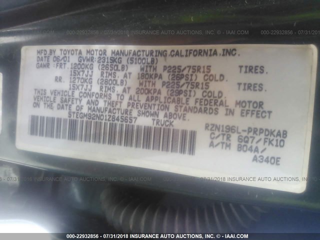 5TEGM92N01Z845657 - 2001 TOYOTA TACOMA DOUBLE CAB PRERUNNER GREEN photo 9