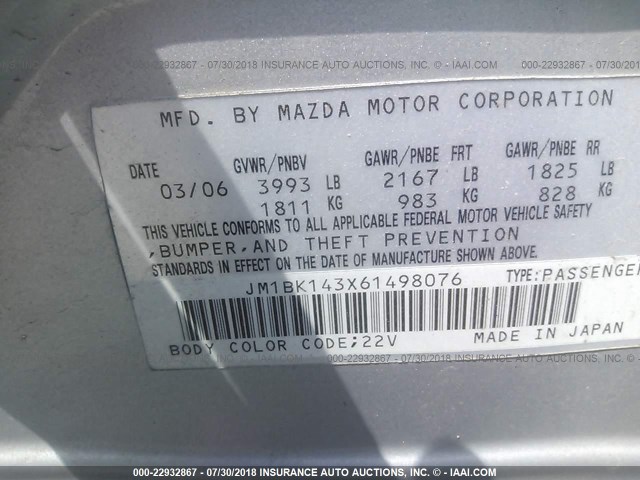 JM1BK143X61498076 - 2006 MAZDA 3 HATCHBACK SILVER photo 9