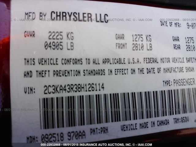 2C3KA43R38H126114 - 2008 CHRYSLER 300 LX 栗色 照片 9