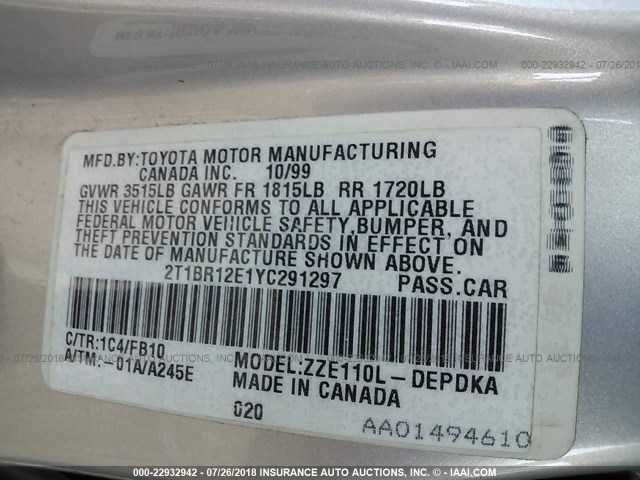 2T1BR12E1YC291297 - 2000 TOYOTA COROLLA VE/CE/LE 银色 照片 9