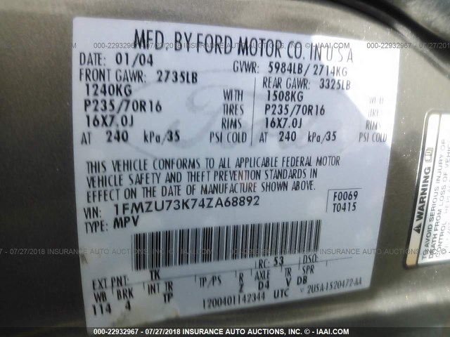 1FMZU73K74ZA68892 - 2004 FORD EXPLORER XLT/XLT SPORT/NBX 棕色 照片 9