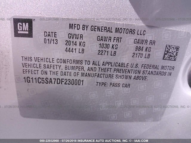 1G11C5SA7DF230001 - 2013 CHEVROLET MALIBU 1LT 银色 照片 9