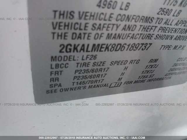 2GKALMEK8D6189737 - 2013 GMC TERRAIN SLE WHITE photo 9