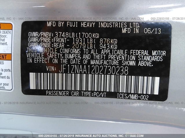 JF1ZNAA12D2730238 - 2013 TOYOTA SCION FR-S SILVER photo 9