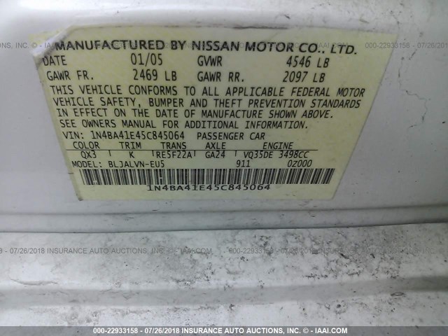 1N4BA41E45C845064 - 2005 NISSAN MAXIMA SE/SL WHITE photo 9