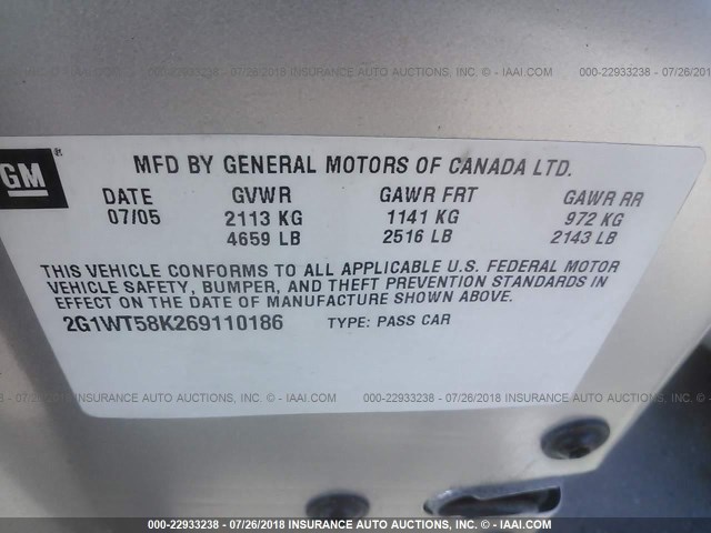 2G1WT58K269110186 - 2006 CHEVROLET IMPALA LT GRAY photo 9