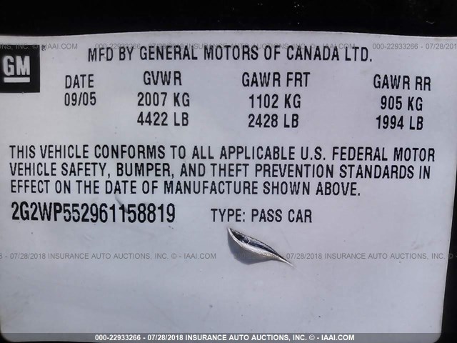 2G2WP552961158819 - 2006 PONTIAC GRAND PRIX BLACK photo 9