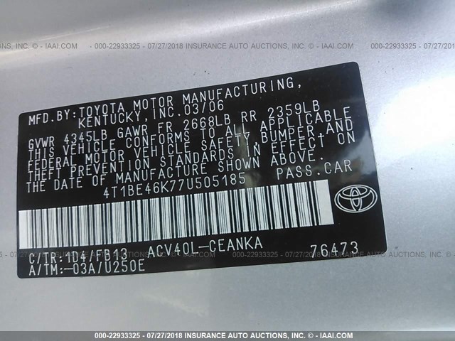 4T1BE46K77U505185 - 2007 TOYOTA CAMRY NEW GENERAT CE/LE/XLE/SE SILVER photo 9