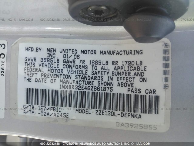 1NXBR32E46Z661875 - 2006 TOYOTA COROLLA CE/LE/S 银色 照片 9