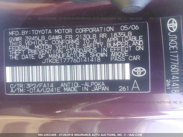 JTKDE177760141418 - 2006 TOYOTA SCION TC 勃艮第红 照片 9