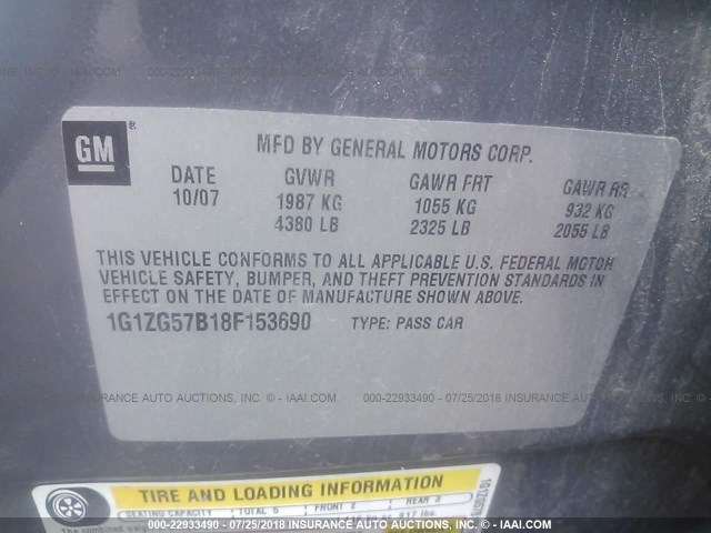 1G1ZG57B18F153690 - 2008 CHEVROLET MALIBU LS ნაცრისფერი ფოტო 9