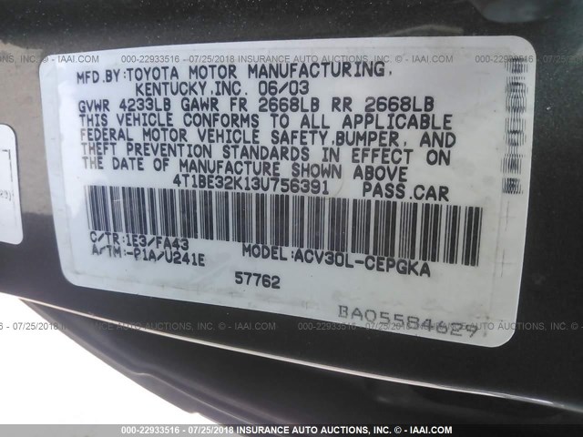 4T1BE32K13U756391 - 2003 TOYOTA CAMRY LE/XLE/SE Boz foto 9