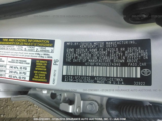 4T1BF1FK2DU274946 - 2013 TOYOTA CAMRY L/SE/LE/XLE SILVER photo 9