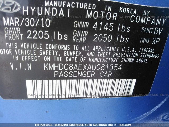 KMHDC8AEXAU081354 - 2010 HYUNDAI ELANTRA TOURING GLS/SE BLUE photo 9