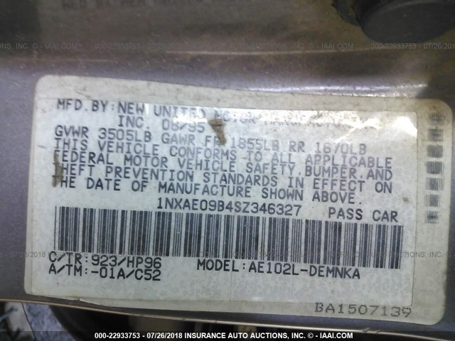 1NXAE09B4SZ346327 - 1995 TOYOTA COROLLA LE/DX 灰色 照片 9