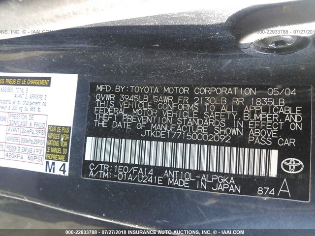 JTKDE177150002092 - 2005 TOYOTA SCION TC 灰色 照片 9