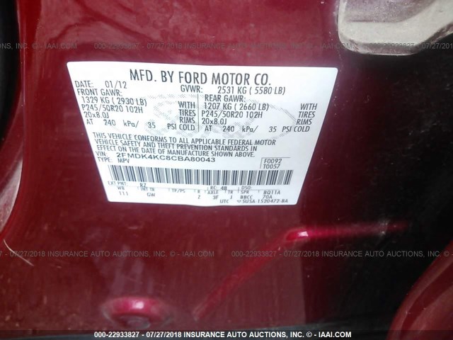 2FMDK4KC8CBA80043 - 2012 FORD EDGE LIMITED RED photo 9