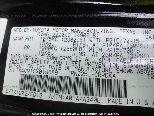 5TFTX4CN1CX019689 - 2012 TOYOTA TACOMA ACCESS CAB BLACK photo 9