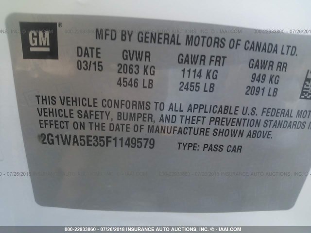 2G1WA5E35F1149579 - 2015 CHEVROLET IMPALA LIMITED LS WHITE photo 9