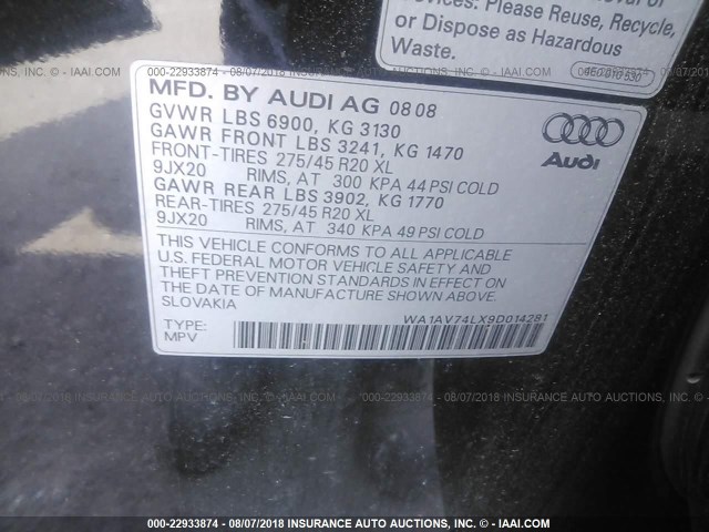 WA1AV74LX9D014281 - 2009 AUDI Q7 PRESTIGE BLACK photo 9